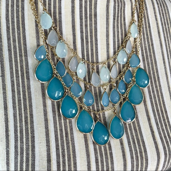Tear Drop Layered Tiered Statement Bib Necklace Light Blue Teal Gold Tone Chain - Picture 3 of 4